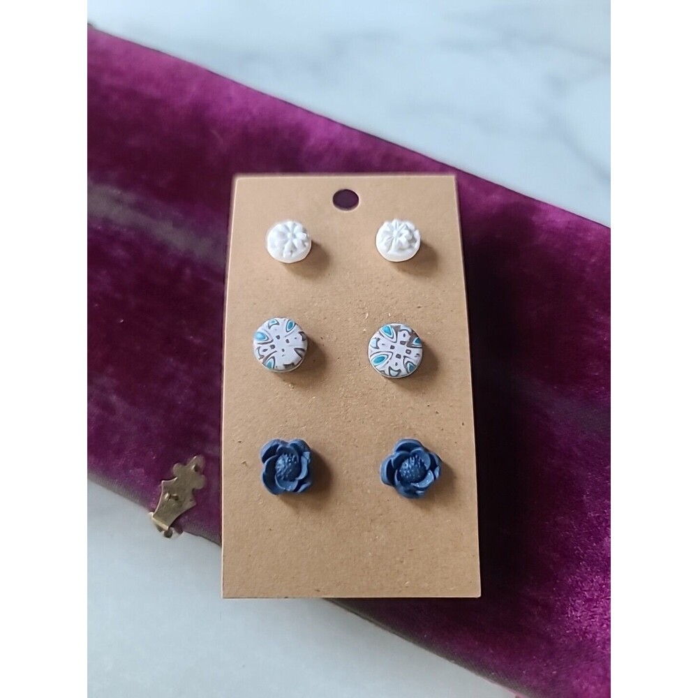 Polymer Clay Floral Stud Earrings New, Set Of Three